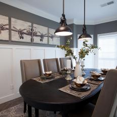 Slate Gray Dining Room With Industrial Pendants