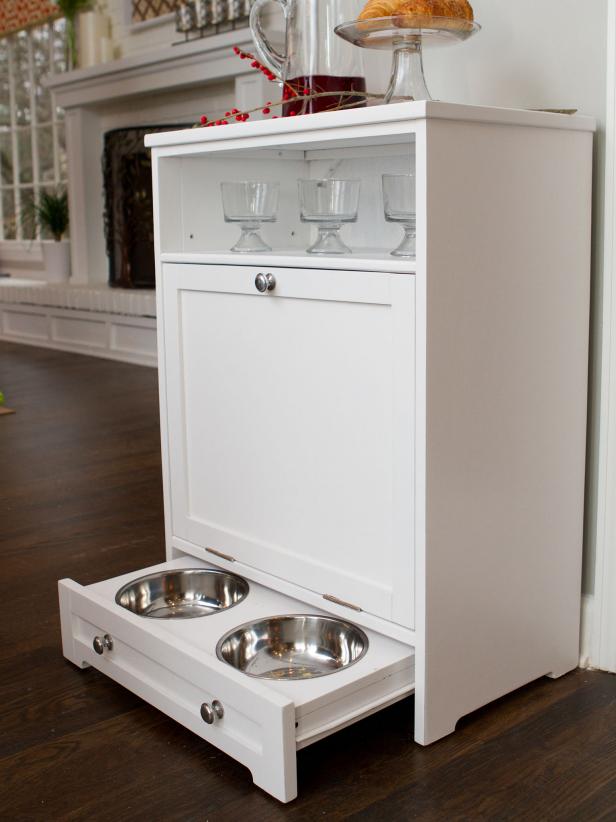 White Cabinet With Storage and Pull Out Dog Bowl Tray
