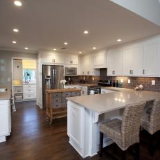 Neutral Transitional Kitchen With Rustic Island