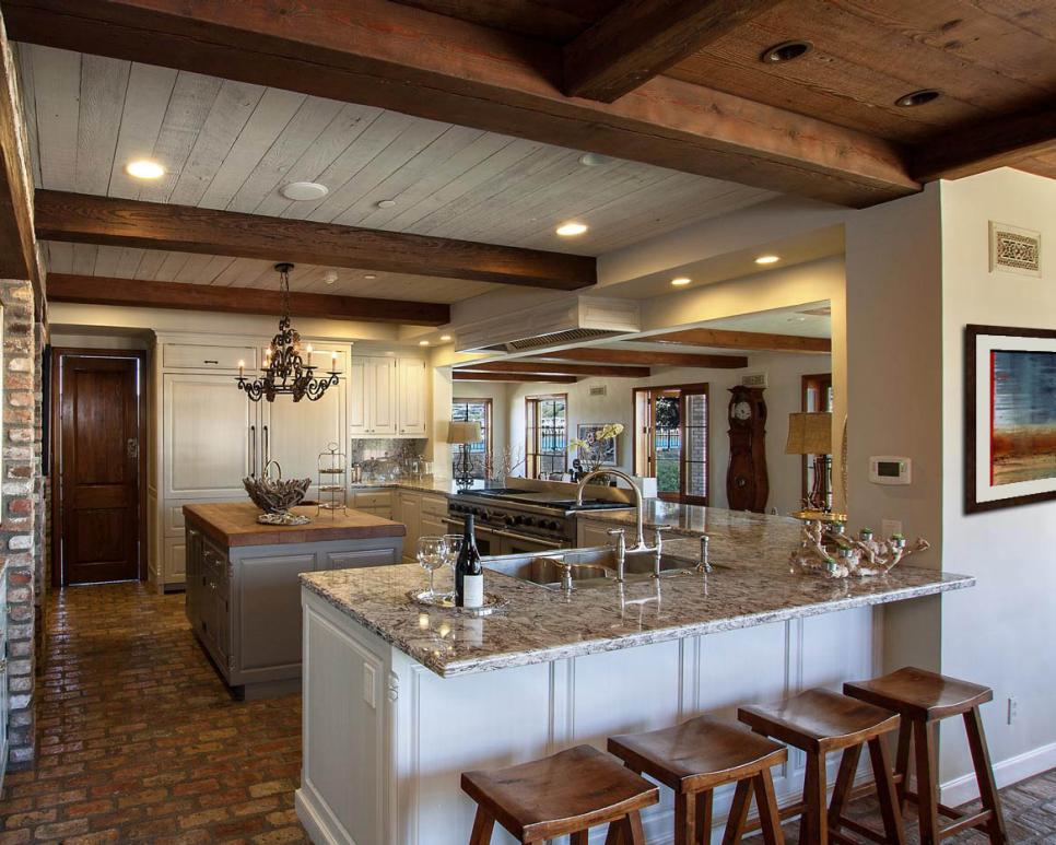 kitchen floor brick cream cabinets hgtv kitchens cottage rustic island flooring granite ceiling interior floors country countertops wash bricks counter