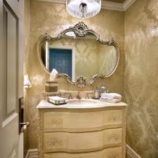 Luxurious Wallpapered Powder Room With Chandelier