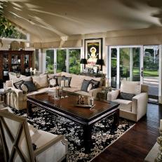 Monochromatic Great Room With Chinese Inspired Coffee Table