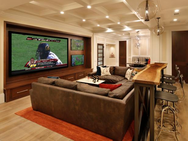 Media room with multiple seating areas