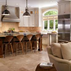 Neutral Transitional Kitchen With Large Wood Island