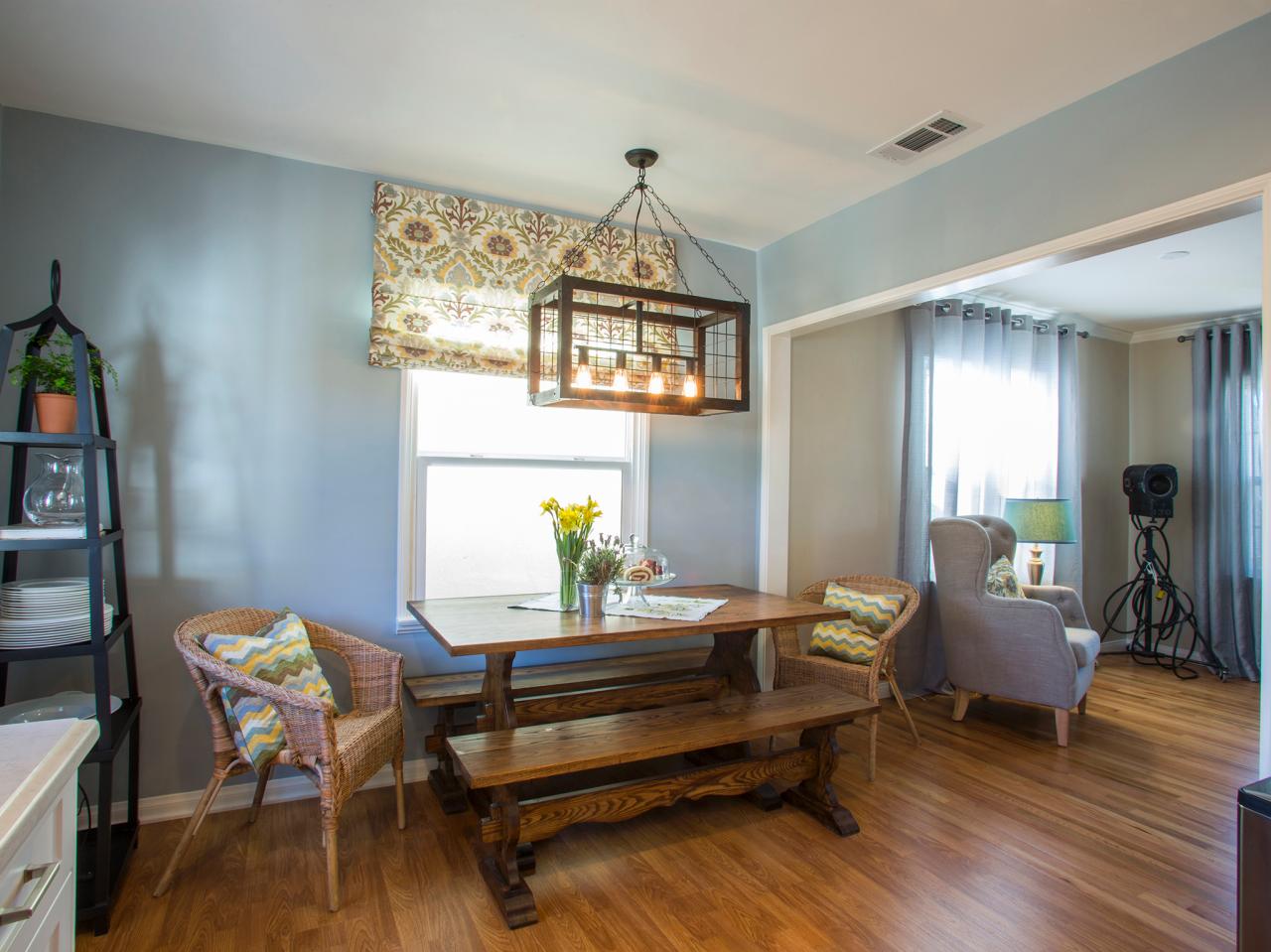 Light Blue Dining Room With Industrial Light Fixture | HGTV