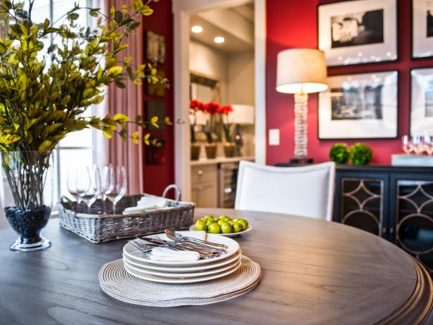 Neutral Grey Dining Table Anchors Red And Black Dining Room Hgtv