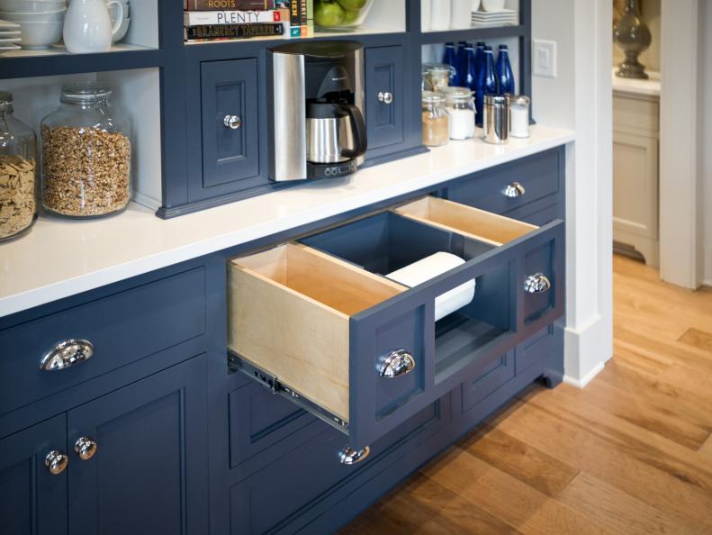 Blue  Built-In Kitchen Cabinet With Paper Towel Drawer
