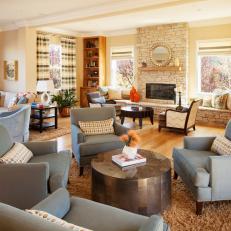 Large Transitional Family Room With Multiple Sitting Areas