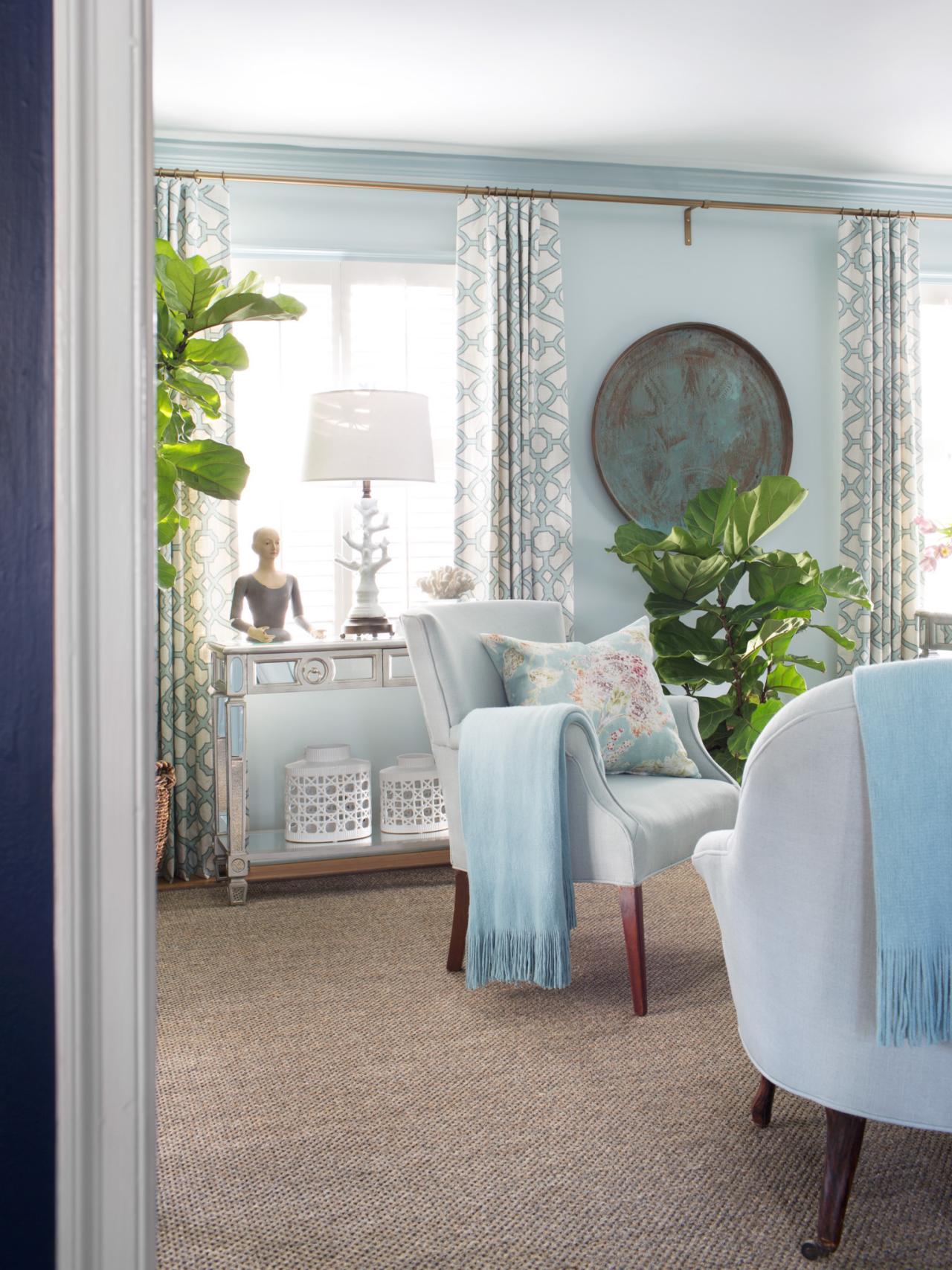 Blue Transitional Living Room With Trellis-Pattern ...