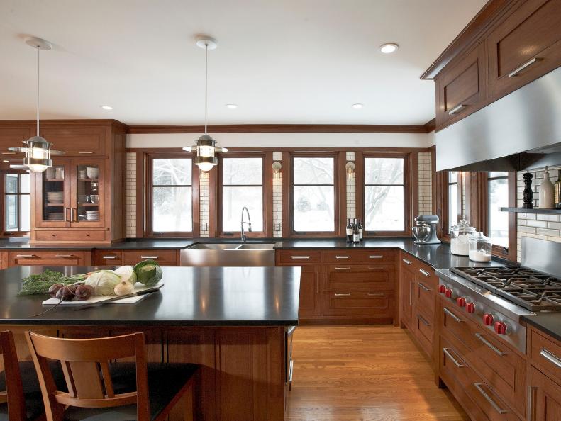 Arts and Crafts Kitchen With Warm Wood Cabinets and Hardwood Floors