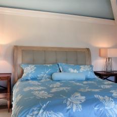 Tropical Master Bedroom With Vaulted Blue Ceiling