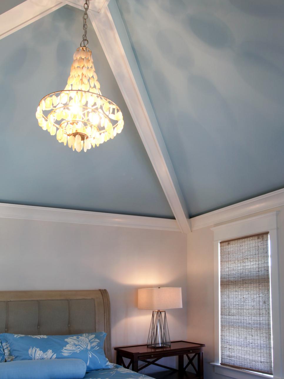 Master Bedroom Chandelier Hangs From Blue Ceiling | HGTV