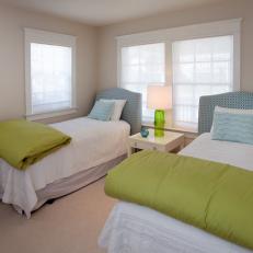 Transitional Bedroom Gets Comfy With Blue and Green Twin Beds