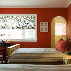 Red Kid's Bedroom With Striped Twin Beds