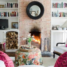 Pink Eclectic Living Room With Fireplace