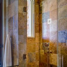 Mediterranean Bathroom Shower With Travertine Walls