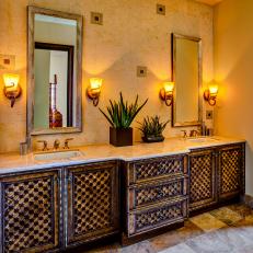 Geometric Double Vanity Adorns Mediterranean Bathroom