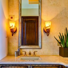Mediterranean Bathroom with Carved Vanity