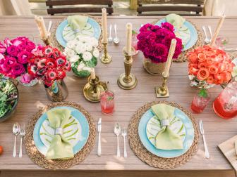 A use of floral arrangements, punchy pastels and b