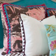 Toile, Floral and Polka Dot Pillows in Bedroo