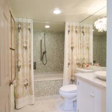 Small Bathroom With Mosaic Tile and Lavender Print Shower Curtain