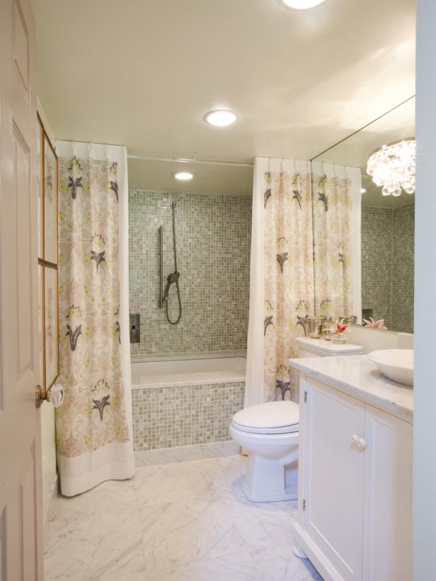 Small Bathroom  With Mosaic Tile and Lavender Print Shower  