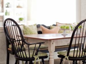 Farmhouse Table with Black Windsor Chairs and Benc
