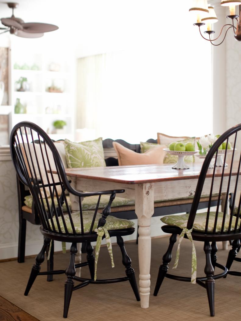 Country Dining Table With Black Windsor Chairs and Bench