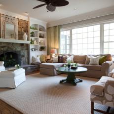 Traditional Country Living Room with Stone Fireplace