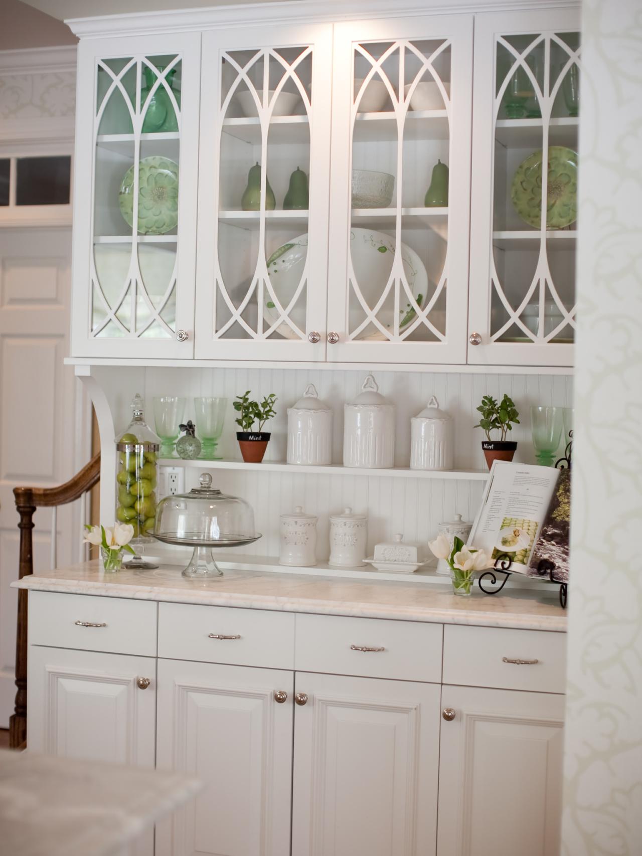 Built-In White Kitchen Hutch With Glass Cabinet Doors | HGTV