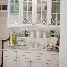 Built-In White Kitchen Hutch With Glass Cabinet Doors