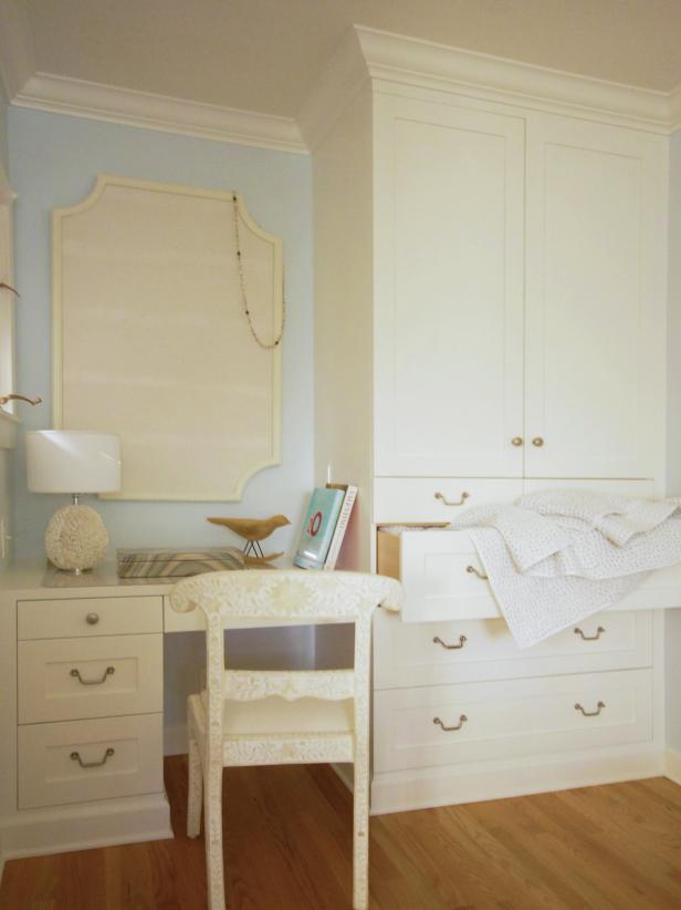 Built-In Desk and Armoire in Light Blue Bedroom