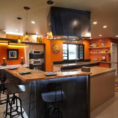 Orange Contemporary Kitchen With Large Metal and Wood Island