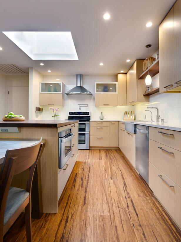 Bamboo Flooring and Neutral Cabinets in Contemporary Kitchen