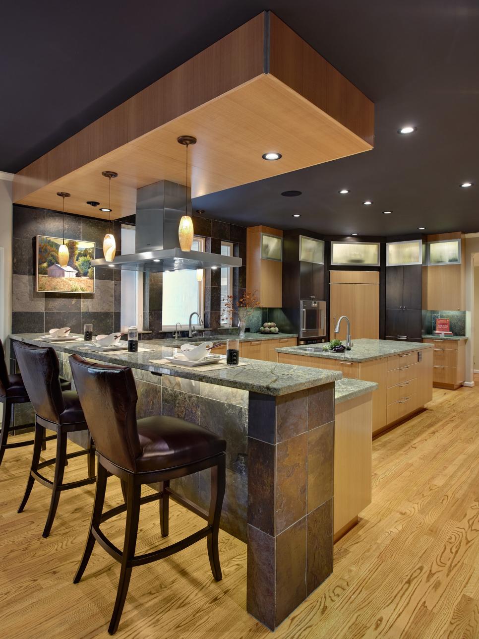 Dark Contemporary Kitchen With Slate Eating Bar | HGTV