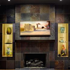 Slate-Tile Fireplace With Built-In Shelves