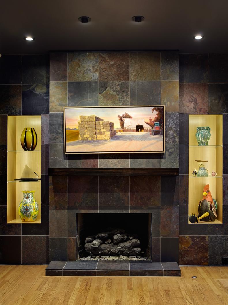 Yellow Recessed Shelves Flanking Contemporary Slate-Tile Fireplace