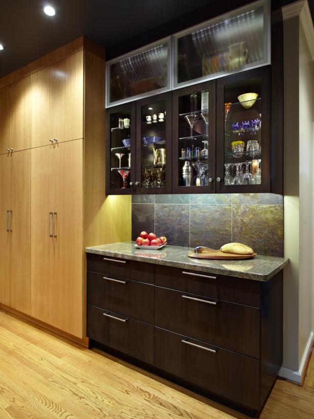 Brown Contemporary Kitchen With Glass-Door Cabinets