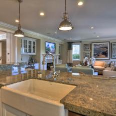 Large Marble Island in Transitional Great Room
