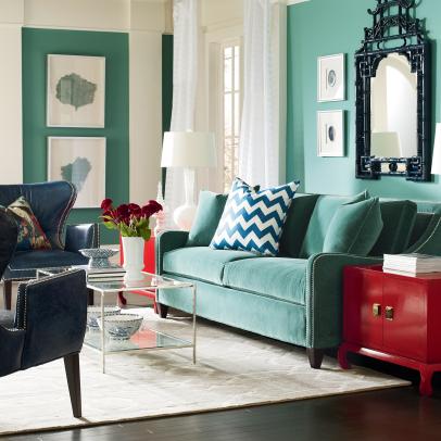 Turquoise Living Room With Red End Table