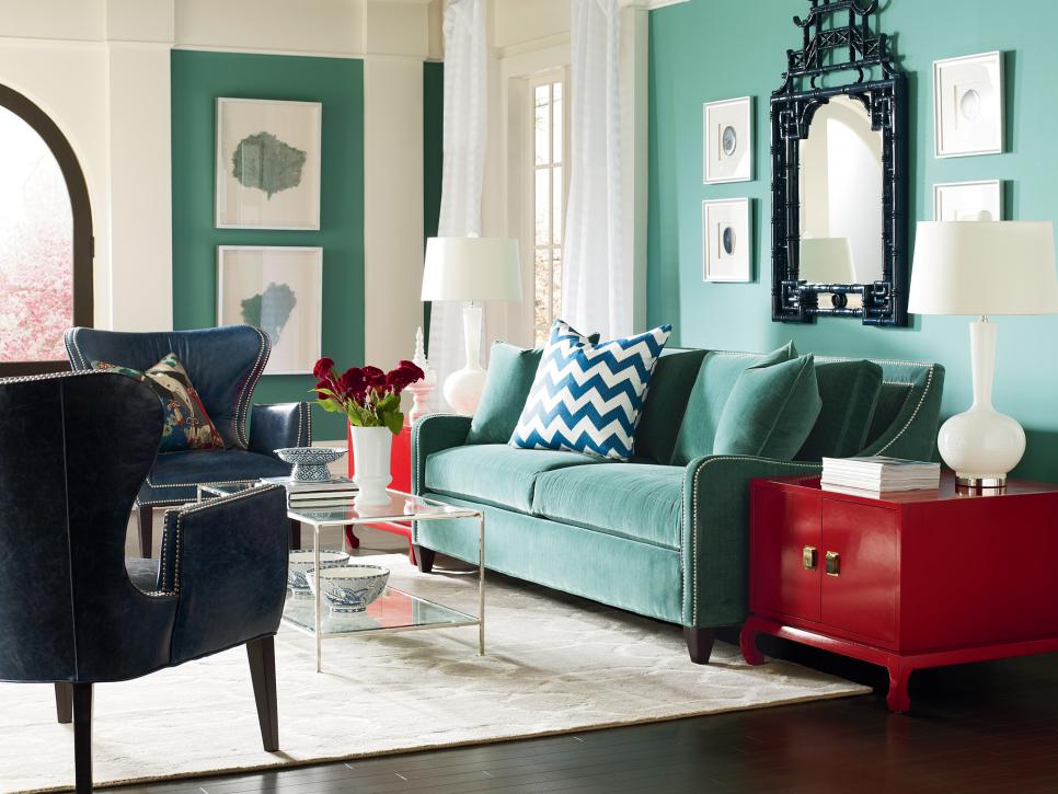 Turquoise Living Room With Red End Table