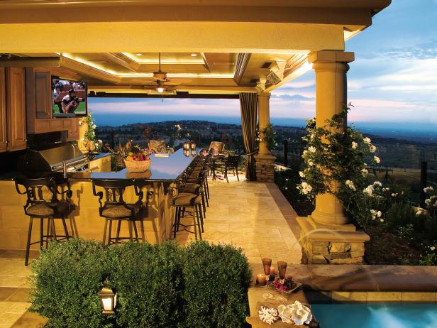 Mediterranean Outdoor Kitchen and Bar With Near a Swimming Pool