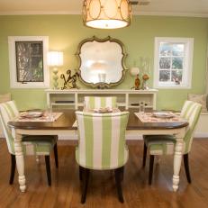 Green Dining Room With Striped Upholstered Chairs