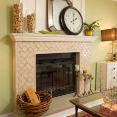 Transitional Living Room With Fish-Scale Pattern Fireplace Surround