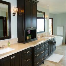 Pale Blue Traditional Master Bathroom With Dark Cabinets