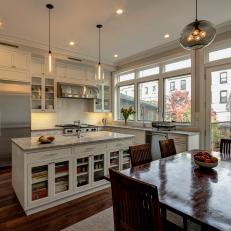 Transitional White Kitchen Boasts Variegated Wood Floor