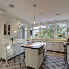 White Transitional Kitchen With Bold Tile Floor