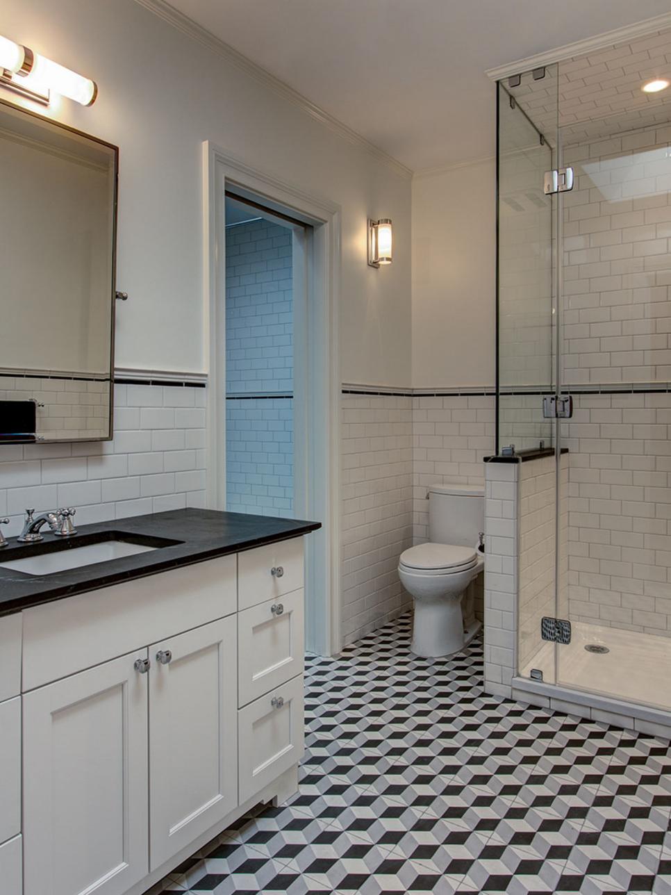 Transitional Bathroom With Geometric Tile Floor | HGTV