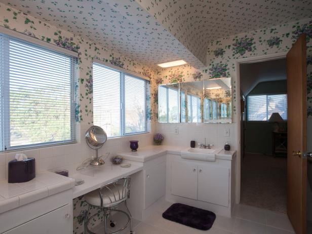Before Bathroom With Floor To Ceiling Wallpaper Hgtv