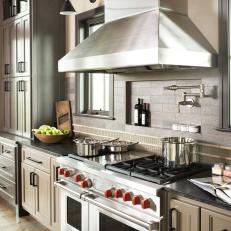 Gray Transitional Kitchen With Pro-Grade Gas Stove